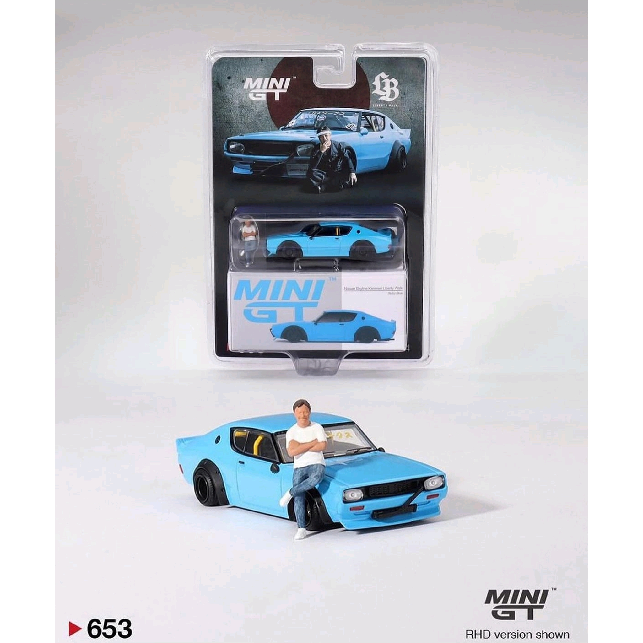 MINI GT #653 NISSAN SKYLINE KENMERI BABY BLUE LIBERTY WALK +