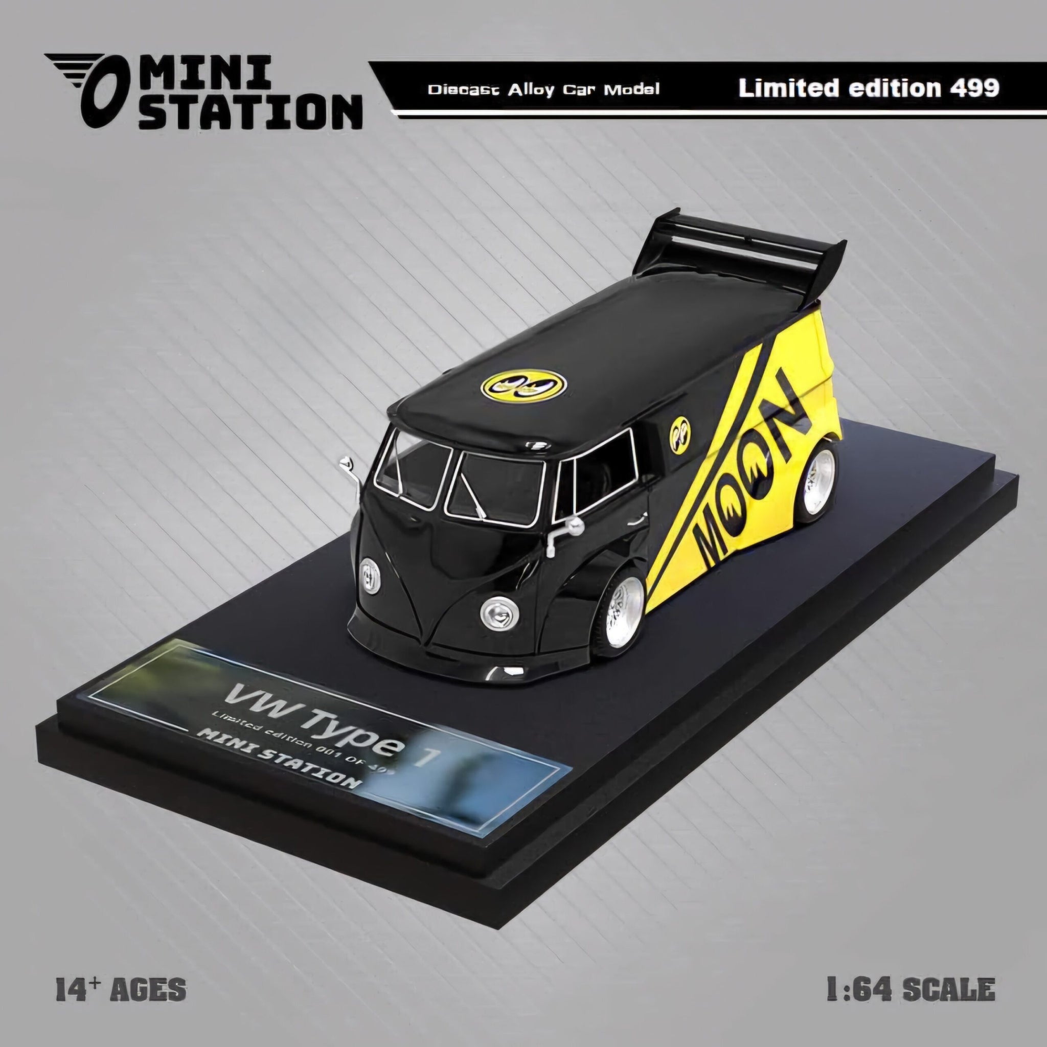 MINI STATION VOLKSWAGEN RWB T1 VAN MOONEYES BLACK/YELLOW - 1/64 SCALE ...