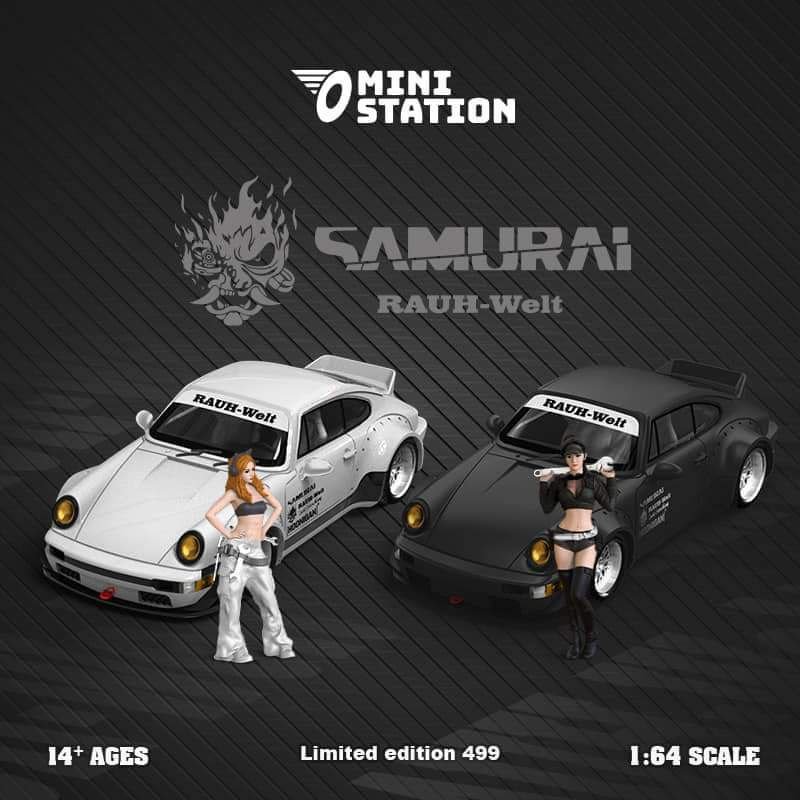 MINI STATION PORSCHE RWB 964 DUCKTAIL SAMURAI CYBERPUNK WHITE + FIGURI ...