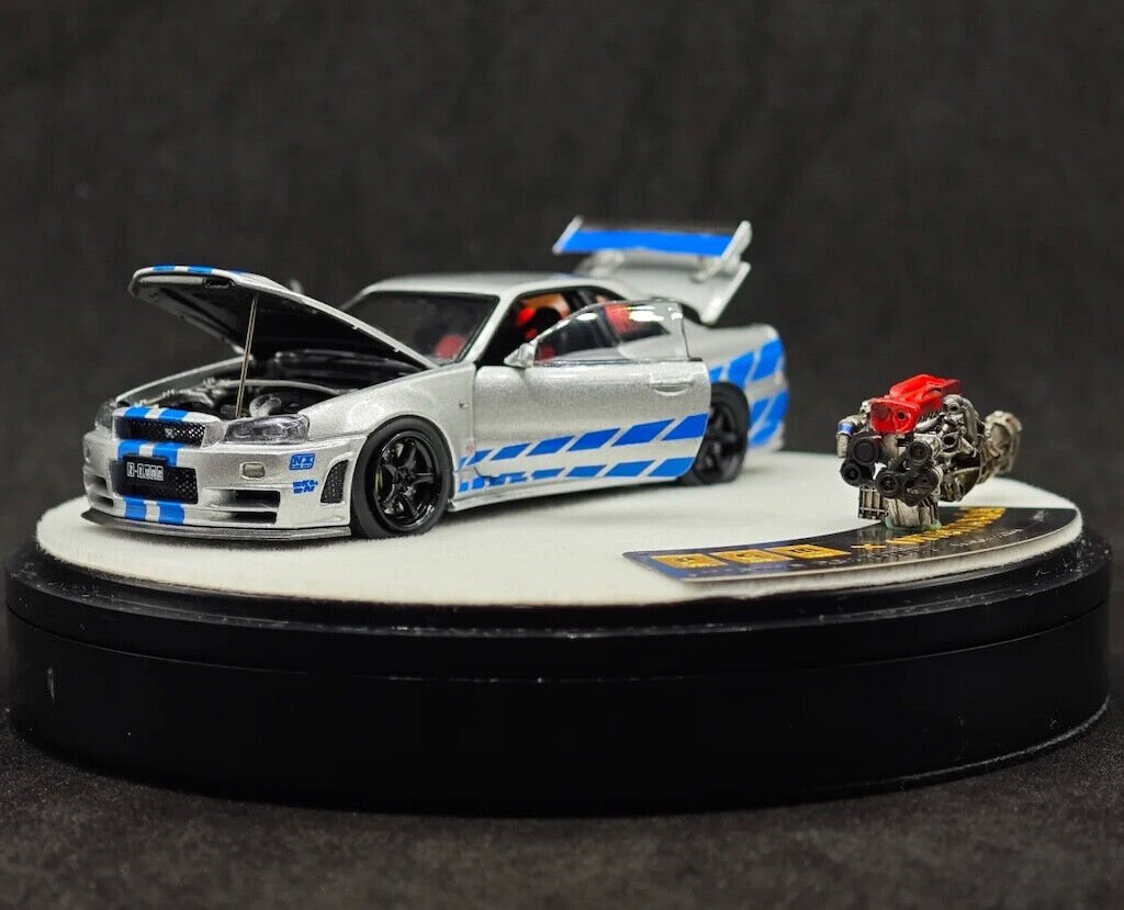 PGM NISSAN SKYLINE GT-R R34 Z-TUNE SILVER/BLUE LUXURY ROUND BASE +