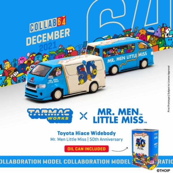 TARMAC WORKS TOYOTA HIACE WIDEBODY MR.MEN LITTLE MISS 50TH ANNIVERSARY + METAL OIL CAN
