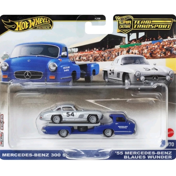 HOTWHEELS PREMIUM TEAM TRANSPORT- MERC-BENZ 300SL & ’55 MERC-BENZ BLAUES WUNDER