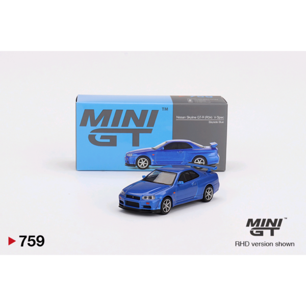 MINI GT NISSAN SKYLINE GT-R R34 V-SPEC BAYSIDE BLUE