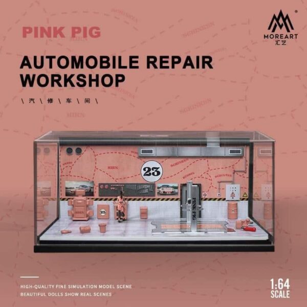 MOREART PINK PIG AUTOMOBILE REPAIR WORKSHOP DIORAMA + ACCESSORIES