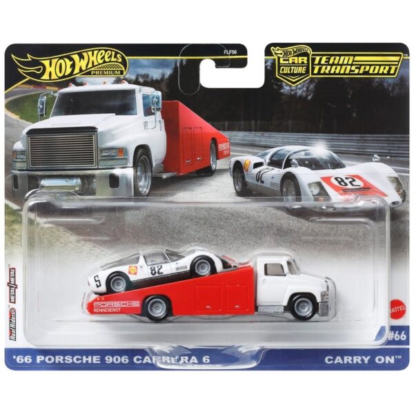 HOTWHEELS PREMIUM TEAM TRANSPORT- ’66 PORCHE 906 CARRERA & CARRY ON TRUCK