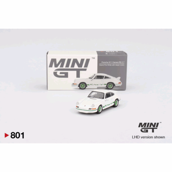 MINI GT PORCHE 911 CARRERA RS 2.7 GRAND PRIX WHITE + GREEN LIVERY